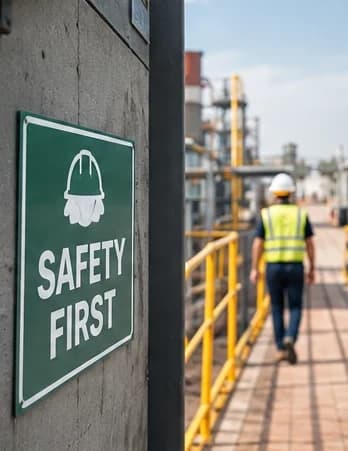 Safety First sign at an industrial walkway