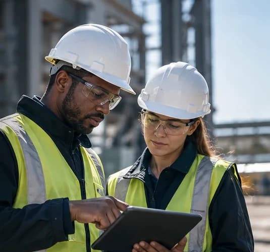 Two safety officers in hard hats reviewing data on a tablet